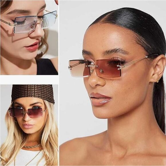 VINTAGE Rimless Rectangular Pink Tinted Fashion Sunglasses Gold Frame Unisex NEW - Picture 5 of 8